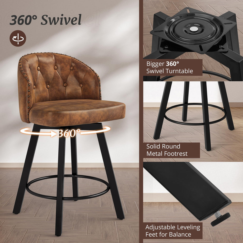 Counter Height Bar Stools, 26" Swivel Faux Leather Upholstered Bar Stool with Backs and Metal Legs, Retro Counter