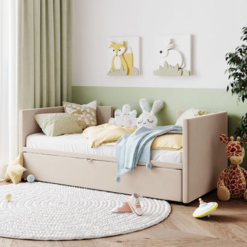 Twin Size Daybed, Upholstered Twin Daybed with Extendable Trundle, Twin Size Daybed Frame, Beige