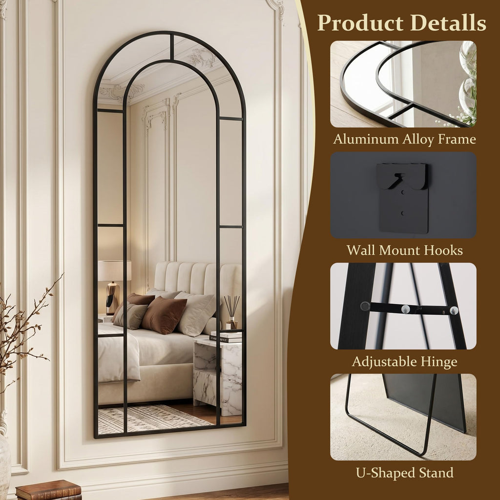 71" x 32" Arched Full Length Floor Mirror, Farmhouse Window Pane Mirror with Metal Frame, Decorative Leaning or Wall