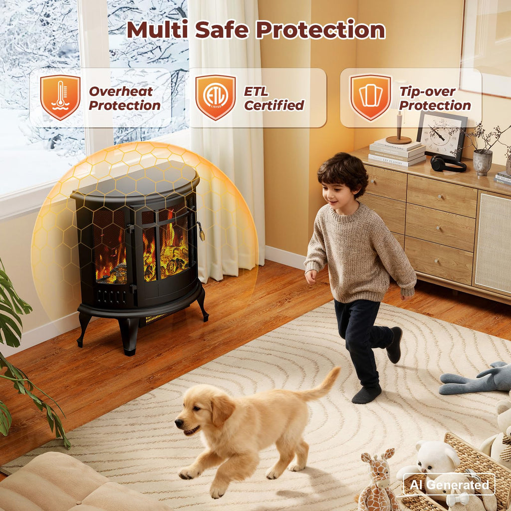 Electric Fireplace Stove-Oval Freestanding Fireplace Heater w/ 3D Flame, Thermostat Control, 1500W Quiet Heating