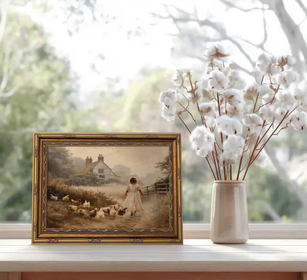 Vintage Gold Framed Farmhouse Wall Art Retro Country Farm Girl with Chicken Canvas Wall Decor Rustic Pastoral Scenery