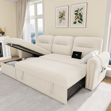 Sleeper Sofa Bed, 83'' Pull Out Couch Bed with Reversible Storage Chaise & Nailhead Armrest, Sectional Couches, Side