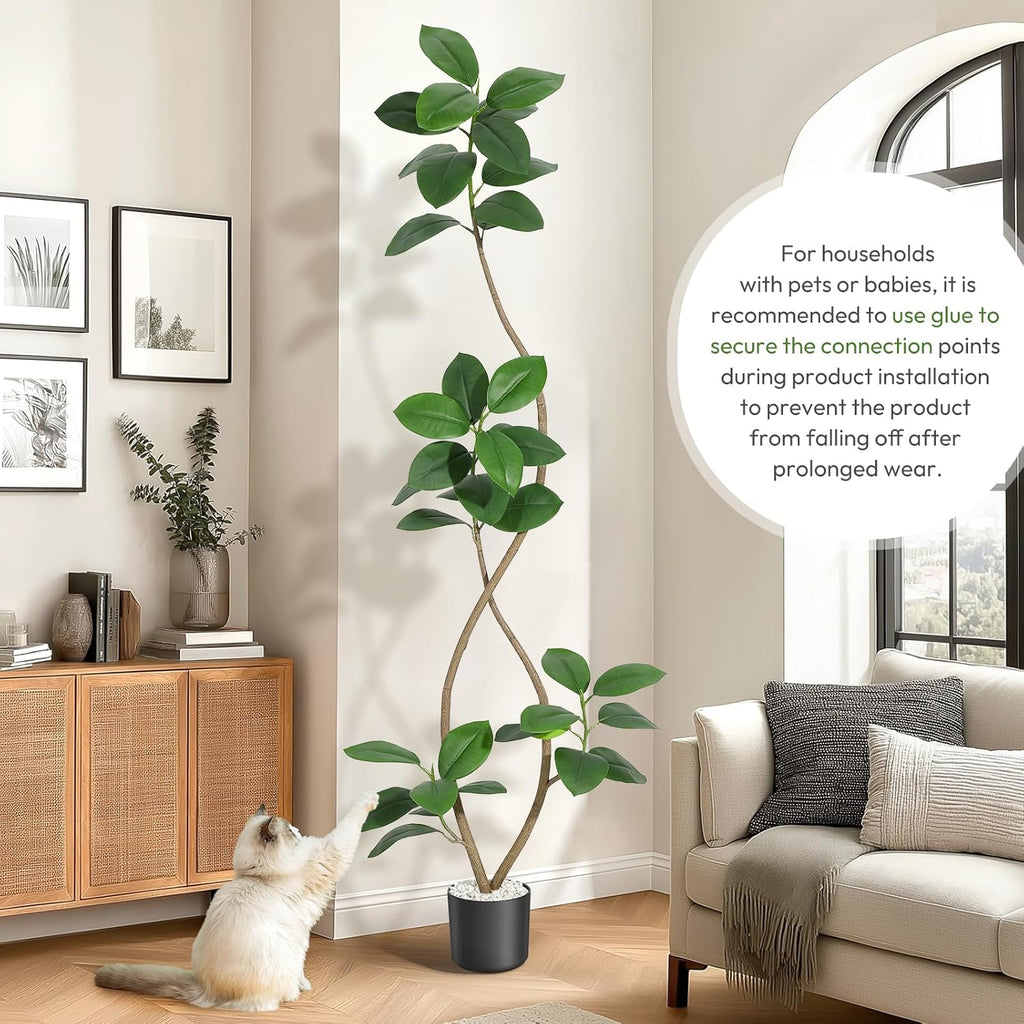 7FT Artificial Plants Rubber Tree with Black Resin Pot& White Stone Faux Fiddle Leaf Fig Tree Indoor Artificial Trees