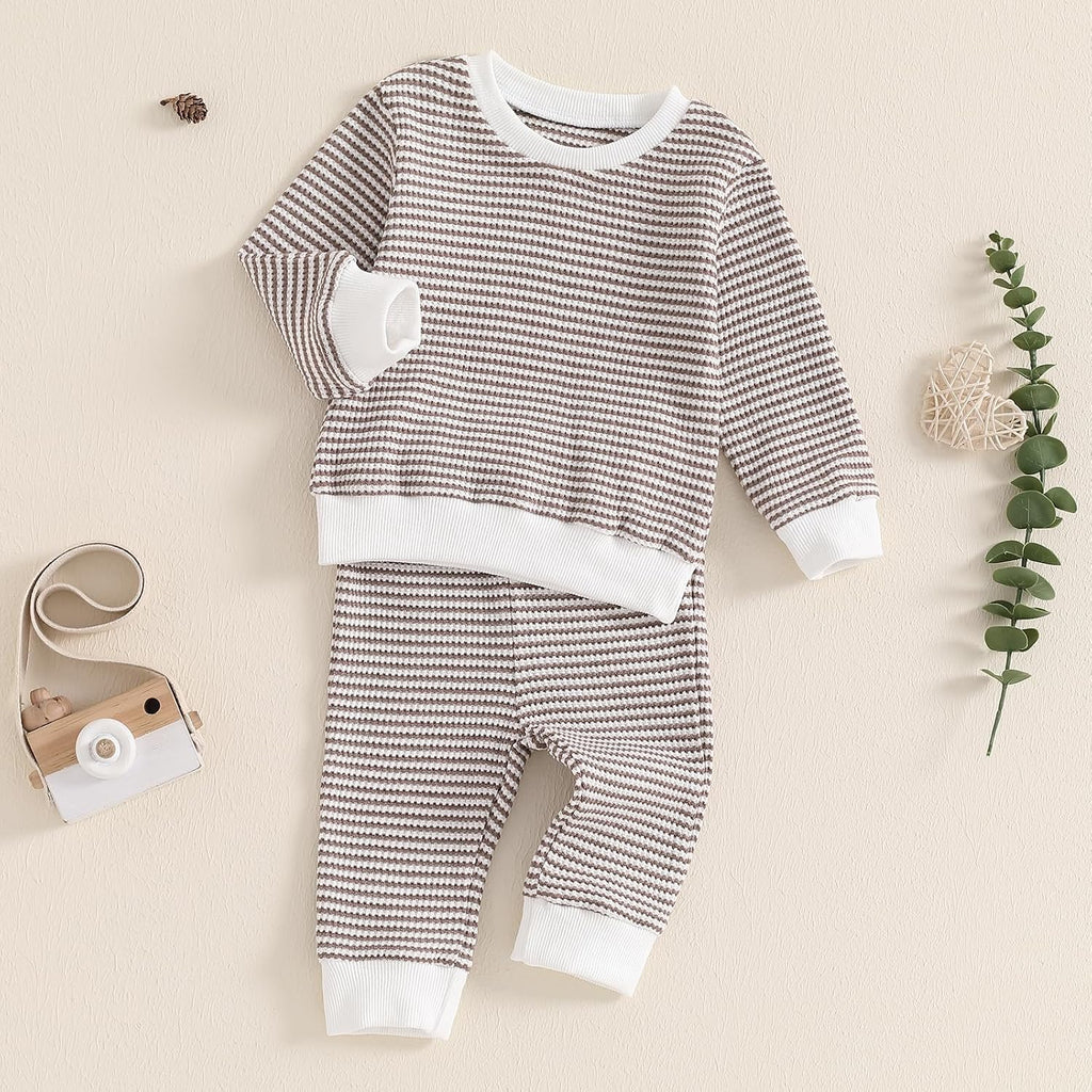 Fall Winter Toddler Baby Boy Outfit Waffle Knit Long Sleeve Sweatshirt Pullover Tops and Pants Set