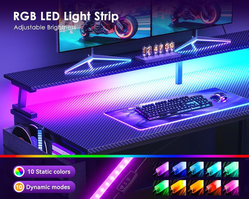 66 Inch L Shaped Gaming Desk with LED Lights, Power Outlets, Black | Adjustable Monitor Stand, Open Storage Shelves