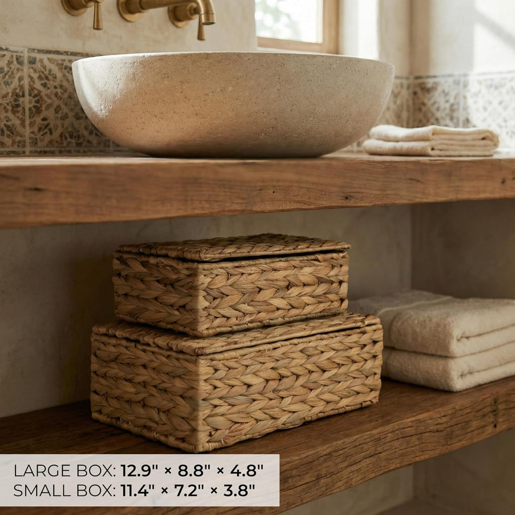 Decorative Storage Boxes with Lids Wicker Organizer Shelf Bins - Set of 2