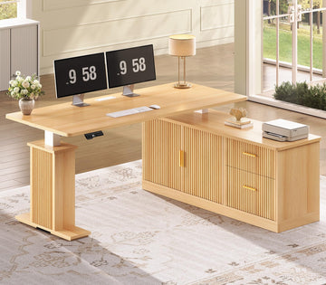 Fluted L Shaped Executive Electric Standing Desk with Drawers
