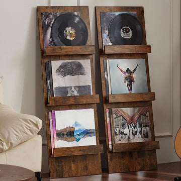 Wall-Leaning Vinyl Record Holder Set of 2 with 3 Tier Display Shelf, 47.5'' Tall Record Storage Magazine Holder