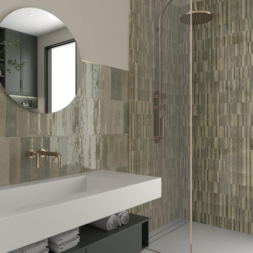 Scandia Glossy Olive Green 4.5x9 Ribbed Porcelain Wall Tile, 3D KitKat Fluted Decorative Tile Backsplash, Bathroom