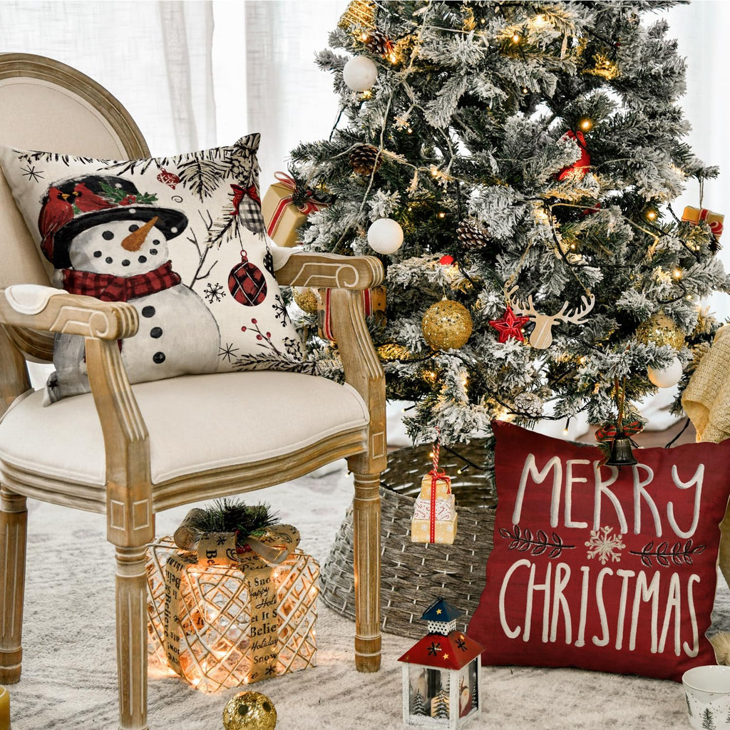 Joy Christmas Let It Snow Snowman Reindeer Throw Pillow Covers, 18 x 18 Inch Xmas Snowflake Winter Holiday Cushion - Set of 4