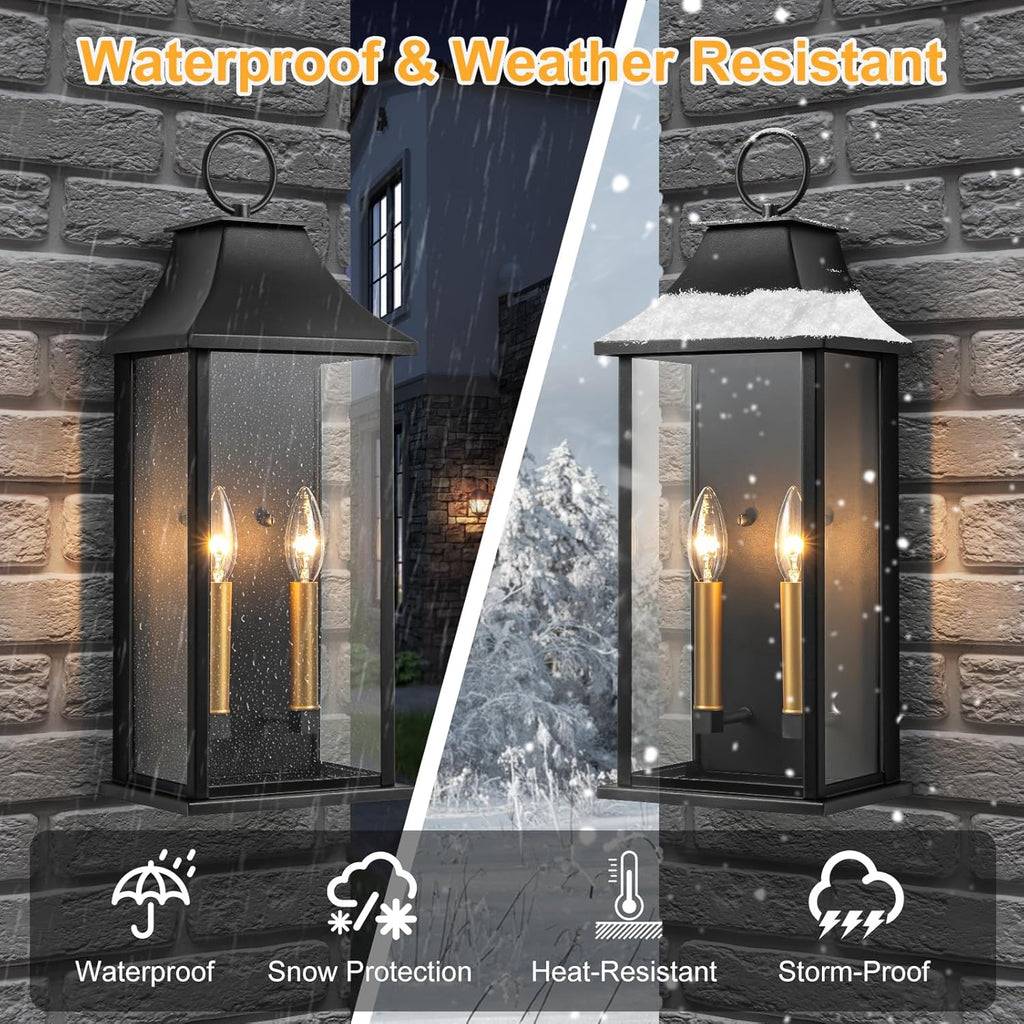 Dusk to Dawn Outdoor Wall Lantern 2-Light, 20.6" Large Outside Wall Sconce, Modern Black Wall Light Fixture with Glass
