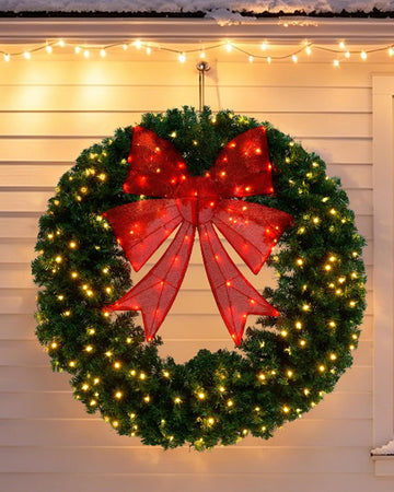 48In Pre-lit Artificial Christmas Wreath Holiday Decoration with 3D Red Bow