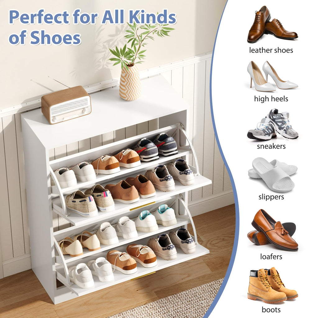 Shoe Cabinet Storage with 2 Flip Drawers and Closed Base, White丨Hidden Shoe Organizer, Freestanding Narrow Shoe