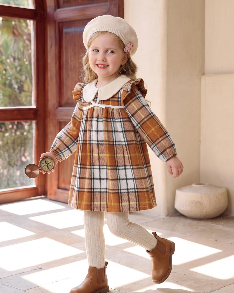 Little Girls Clothes Girl Fall Clothes Cute Brown White Plaid Winter Kids Dress Toddler Long Sleeve Swing