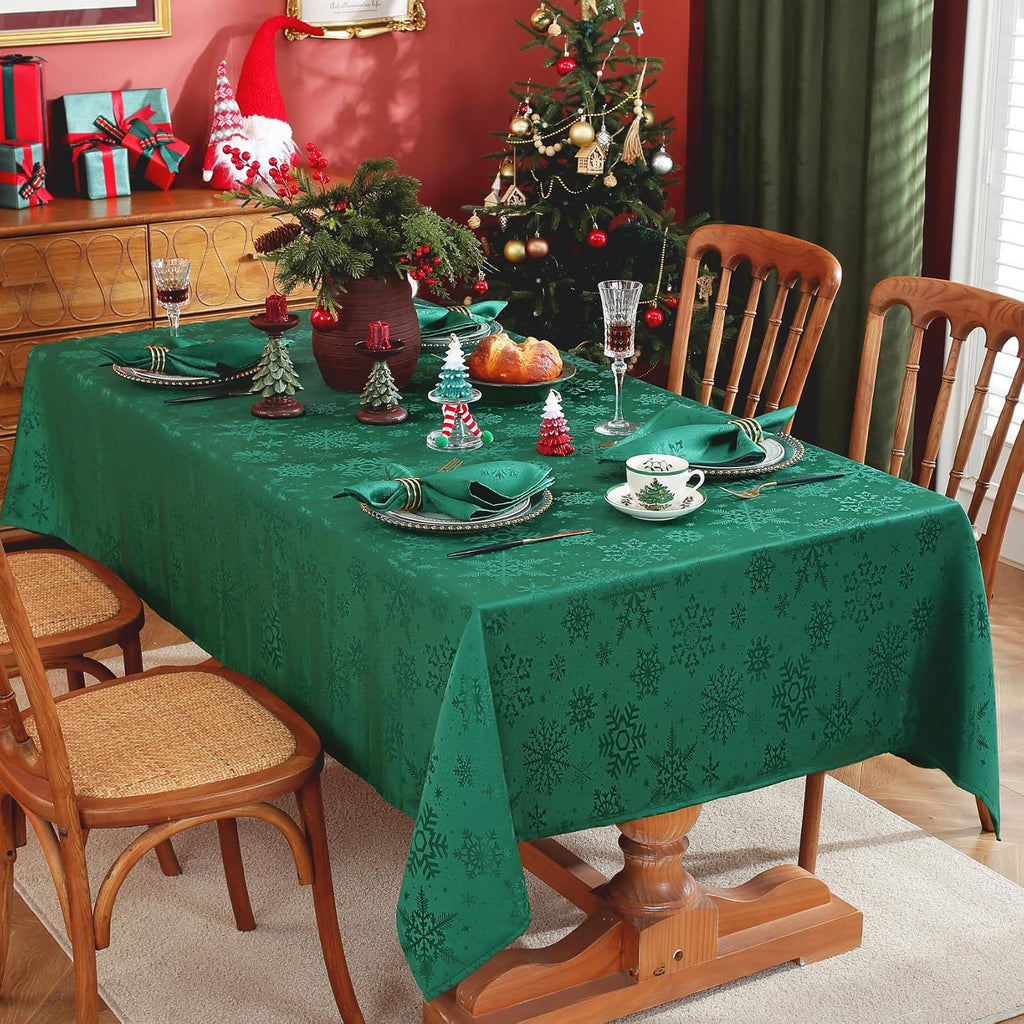 Christmas Green Tablecloth Rectangle, Jacquard Spill Proof Table Cloth with Snowflake Patterns, Damask Table Cover