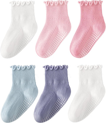 6 Pairs Toddler Ruffle Socks for Girls Non Slip Baby Socks with Grips for Girls Boys