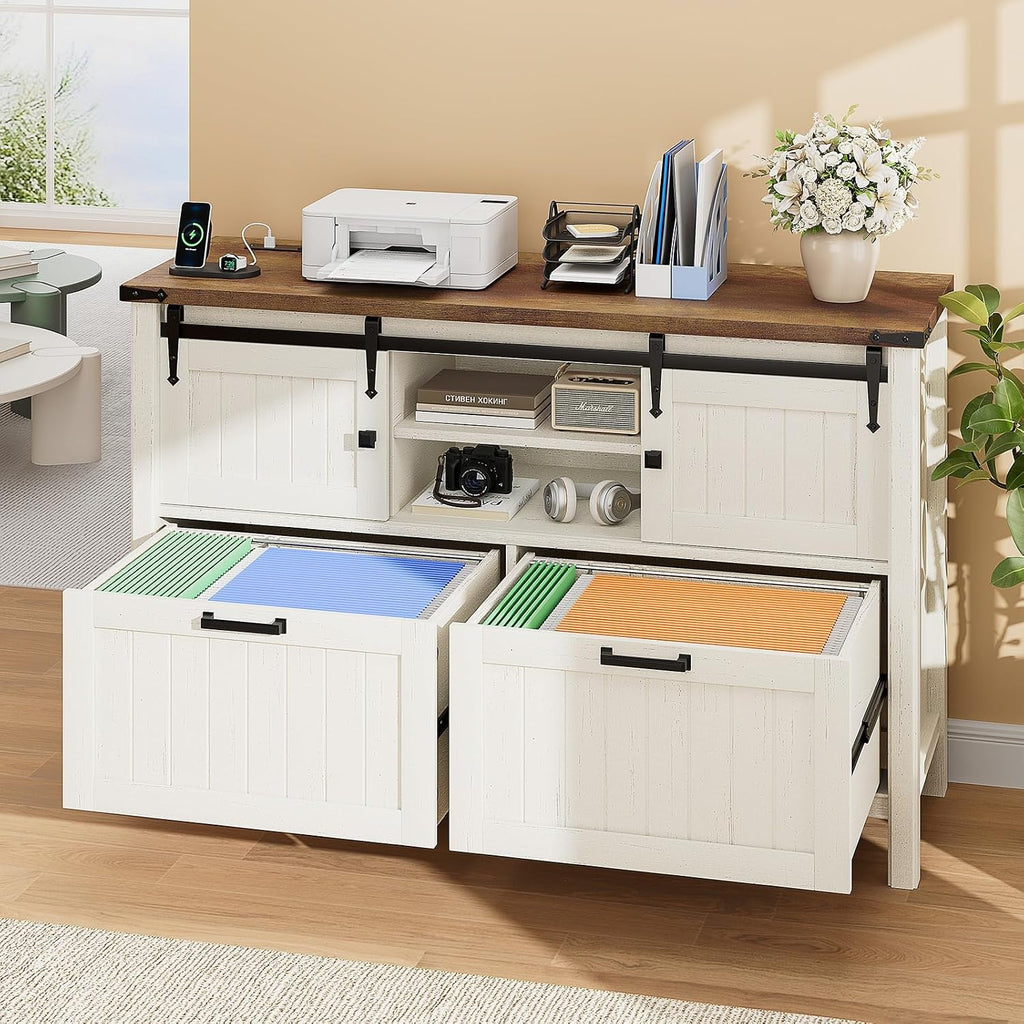Farmhouse File Cabinet , White Printer Stand | Office Credenza Storage Cabinet,Sliding Barn Doors & 2 Large File