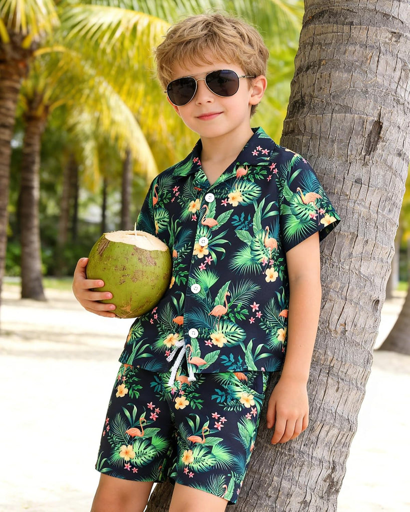 Boys Hawaiian Outfit 2Pcs Set Summer Beach Button-Down Shirt Top + Shorts for Kids