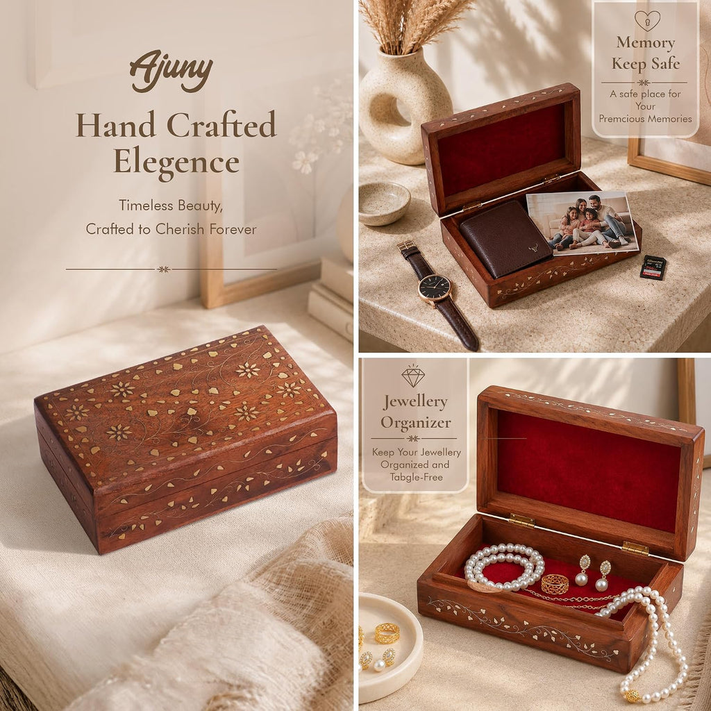 Hand Carved Wooden Decorative Jewelry Storage Box with Floral Carvings Design Brass Inlay Keepsake Travel Treasure