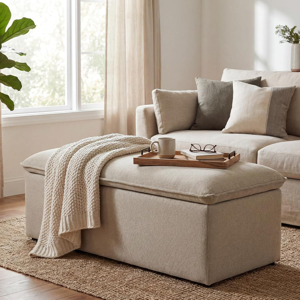Modern Storage Bench, Upholstered Storage Ottoman Chenille Fabric with Seating Entryway Bench Living Room, Oatmeal