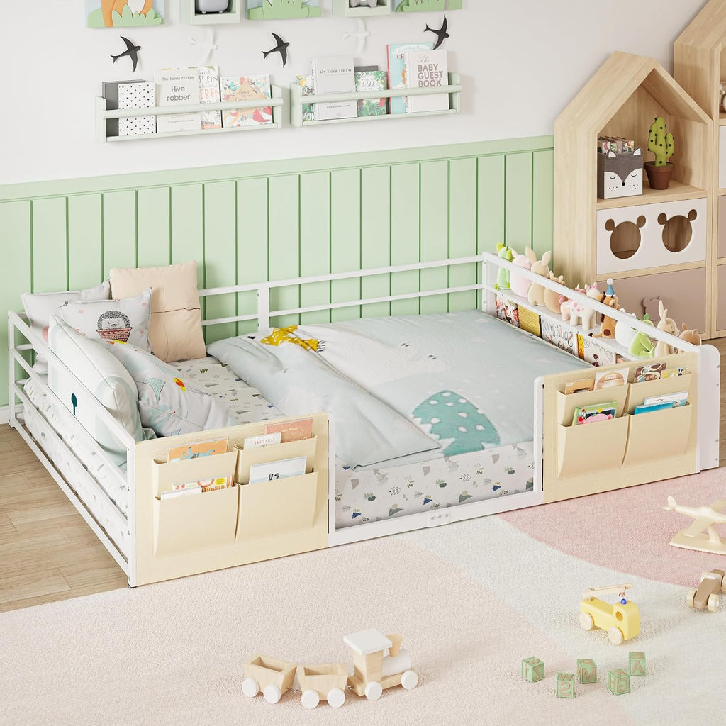 Montessori Floor Bed with Bookshelf & Storage Caddy