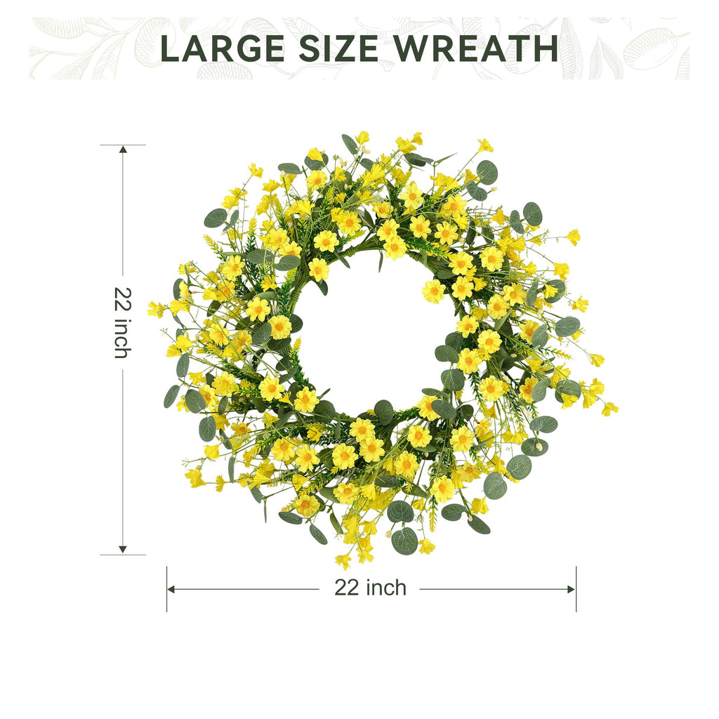 22" Daisy Eucalyptus Wreath for Front Door, Artificial Spring Summer Floral Wreath for Front Door, Home Farmhouse
