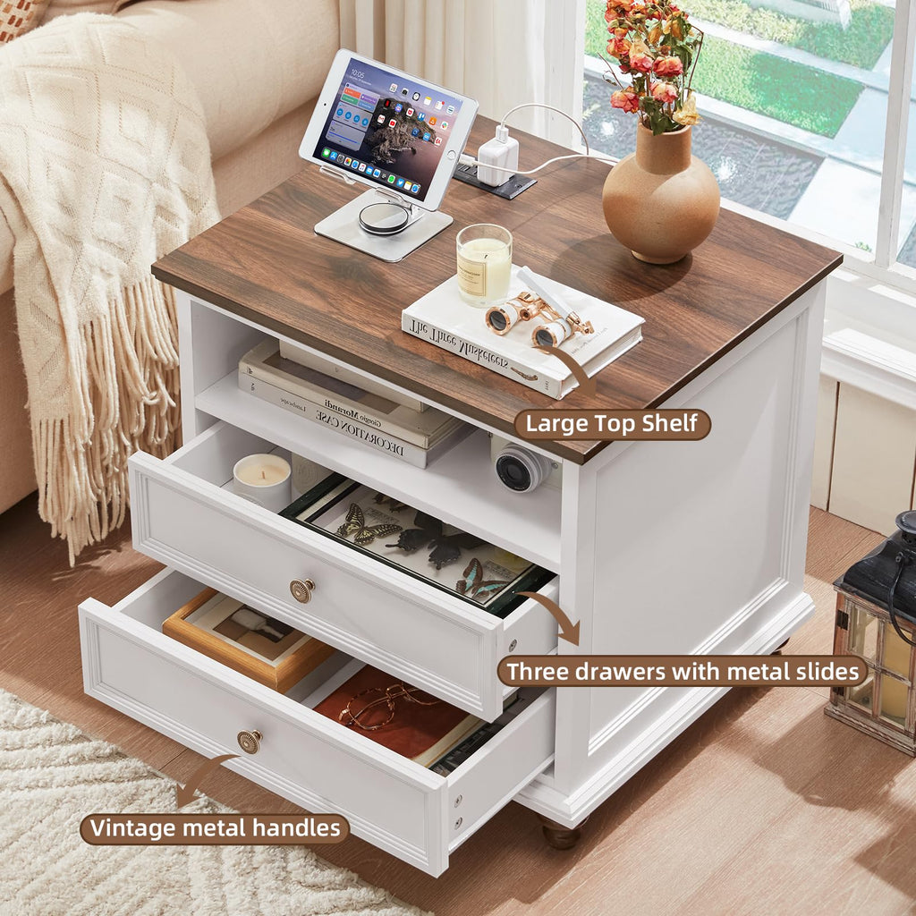 24" Wide Farmhouse Nightstand with Charging Station, End Table with 2 Drawers, White Wood Cabinet, Bed Side Table