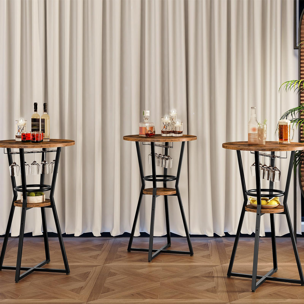 Round Bar Table, 2-Tier Counter Height Pub Table with Wine Glass Holder, Industrial Cocktail Table, for Small Space