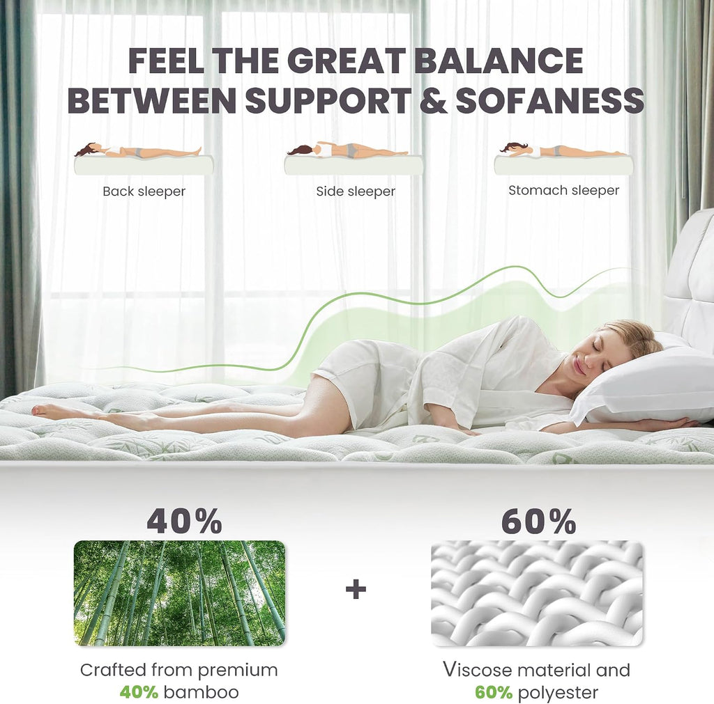 Queen Mattress Topper 1000GSM Viscose Made from Bamboo - Pillow Top Cooling Bed Topper for Back Pain Relief