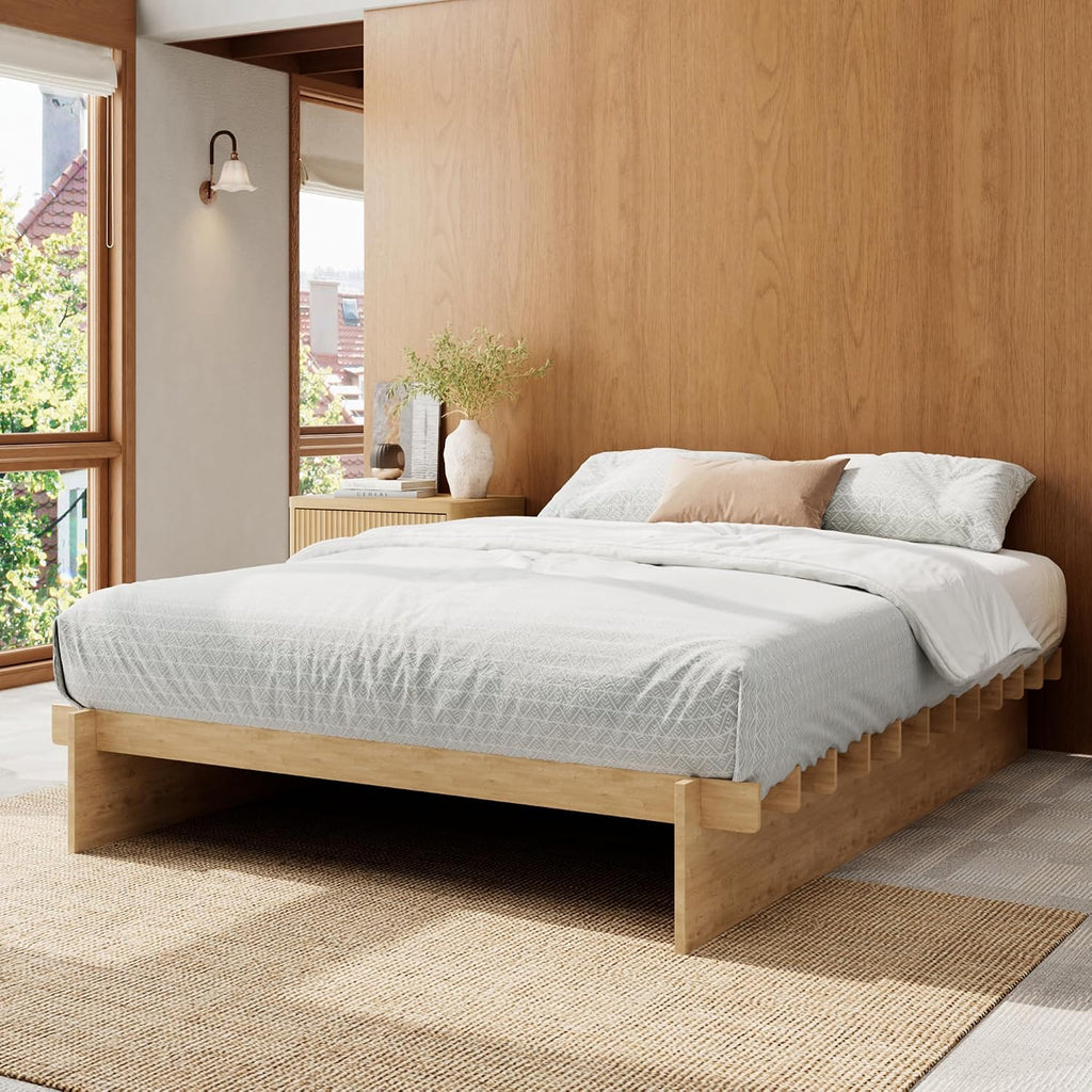 Japanese Platform Bed Frame with Wooden Slats, Easy Assembly
