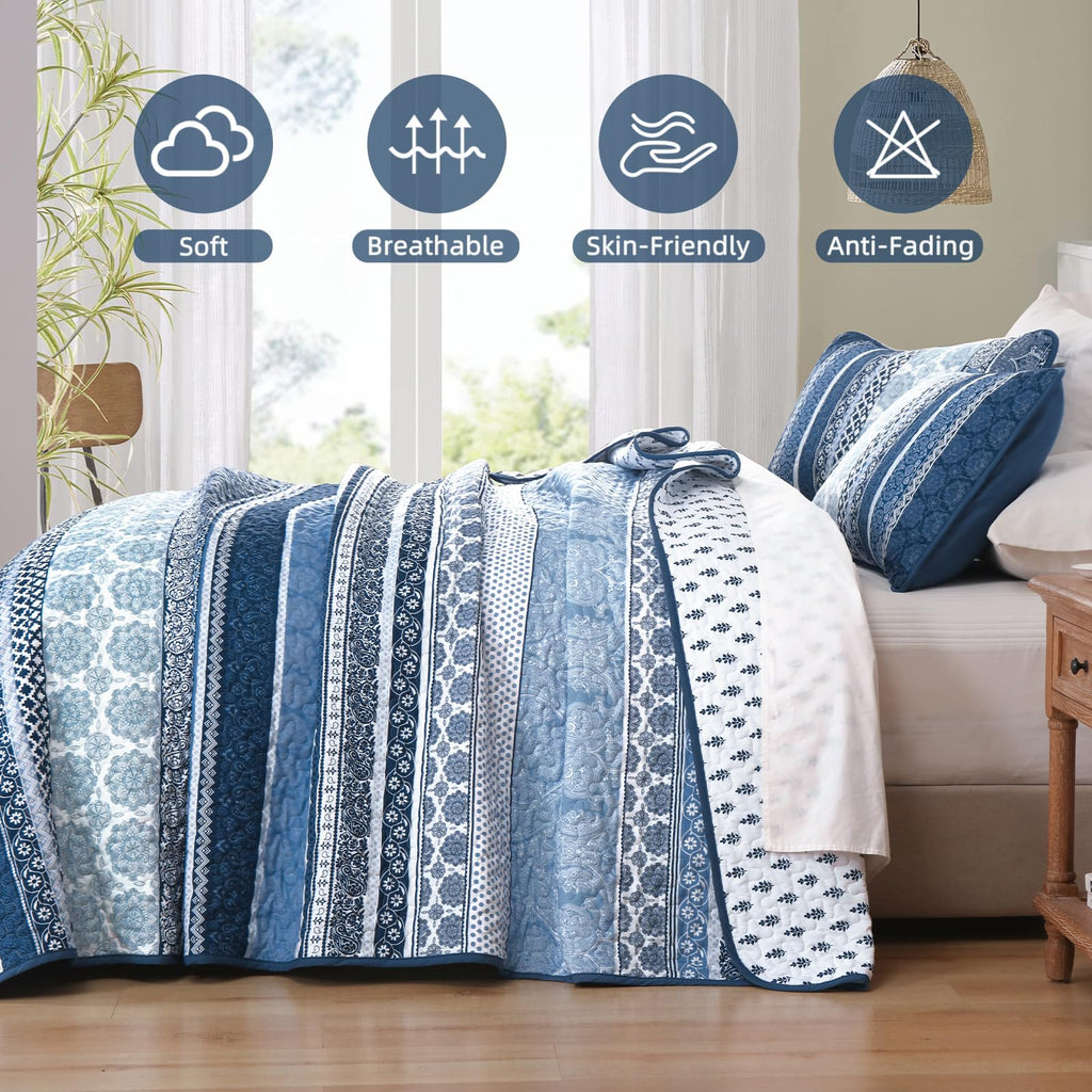 Boho Quilt Set, 3 Pcs Navy Blue Bedspread Covrtlet Set