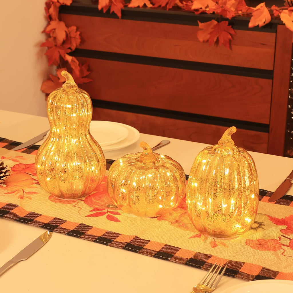 Lighted Glass Pumpkin Decor, Set of 3 Gold Mercury Glass Pumpkins with Lights and Timer for Fall Thanksgiving