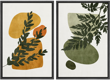 Framed Canvas Print Wall Art Set Mid-Century Forest Fern Leaf Collage Abstract Shapes Illustration Modern Art