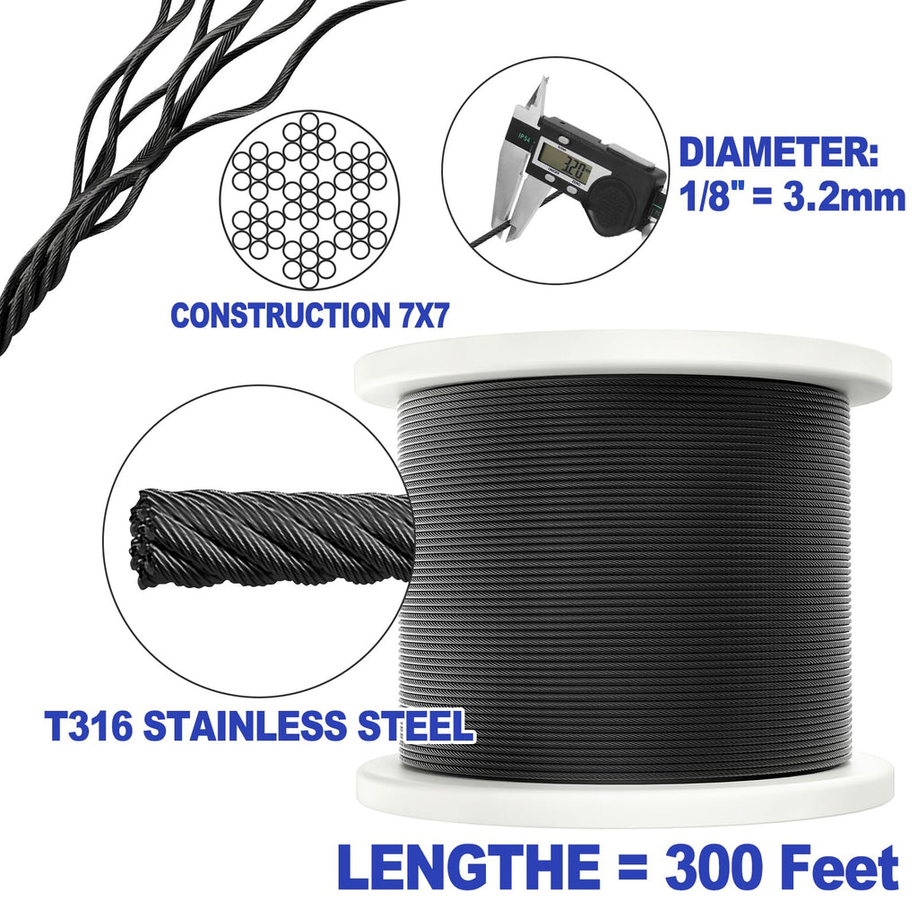 300FT 1/8" Black Stainless Steel Cable for Railing, T316 Stainless Steel Marine Grade Wire Rope for Deck Cable