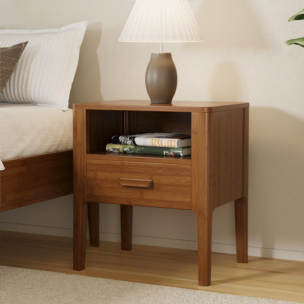 Mid-Century Modern Nightstand with Drawer and Open Shelf, Bamboo Wood Bedside Table, Brown