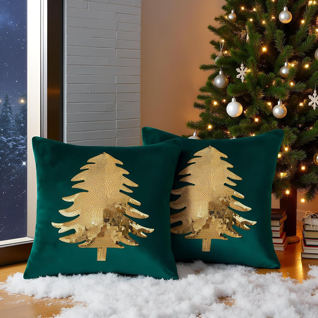 Christmas Pillowcases 18 x 18 inch Dark Green Xmas Tree Sequins Throw Pillow Cover Christmas Pillow case - Set of 2