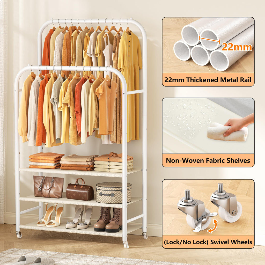 Clothes Rack, Double Rods Clothing Rack with 3 Tier Shelve&Wheels