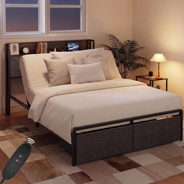 Queen Adjustable Bed Frame with Storage Headboard and Charging Station, Power Head Lift with 2 Footboard Drawers