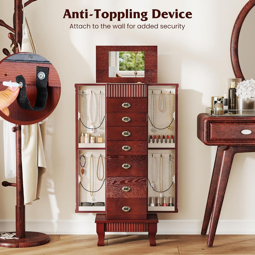 Standing Jewelry Armoire Cabinet, Large Jewelry Organizer Chest with 7 Drawers, 2 Swing Doors, 12 Necklace Hooks &