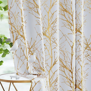 100% Blackout Grey Gold Foil Tree Curtains 2 Panels