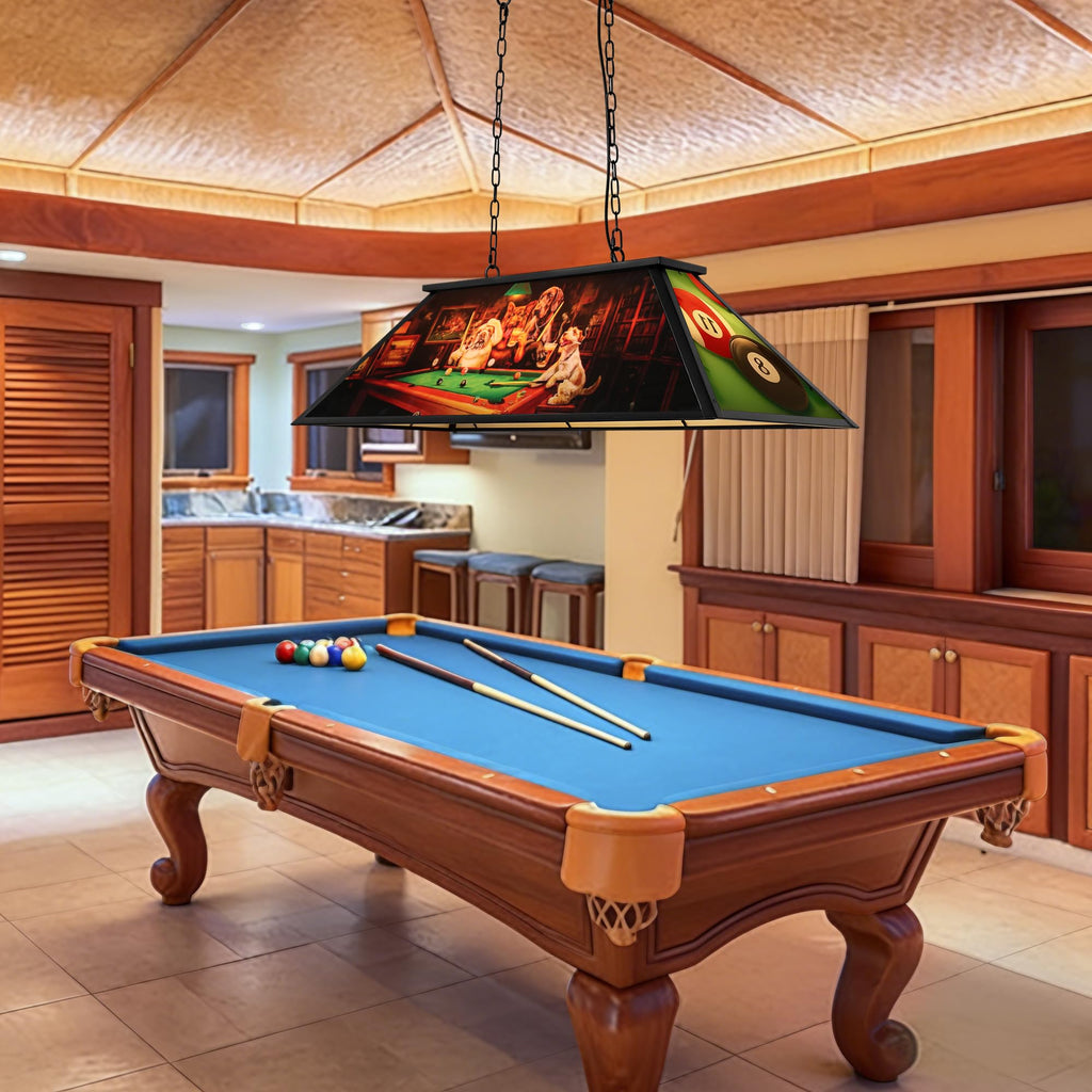 Tiffany Pool Table Lights Hanging Over Pool Table