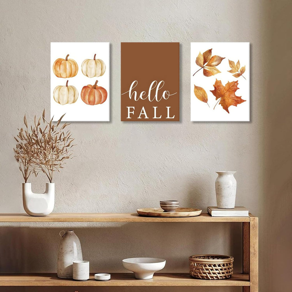 Vintage Fall Wall Art Set of 3, Rustic Farmhouse Seasonal with Hello Fall Sign Canvas Prints Painting, Thanksgiving