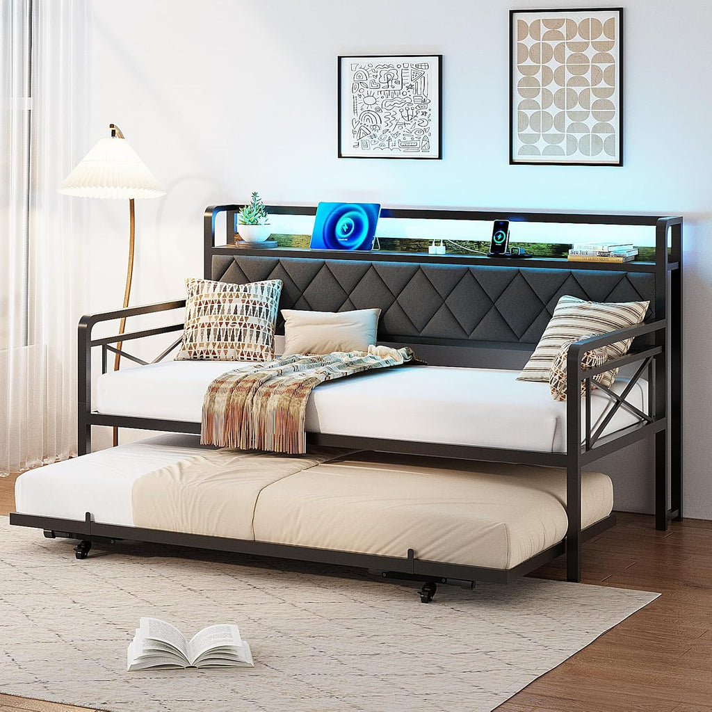 Full Daybed with Trundle Bed, Upholstered Day Bed with LED Light & Charing Station, Sofa Bed Frame with Storage