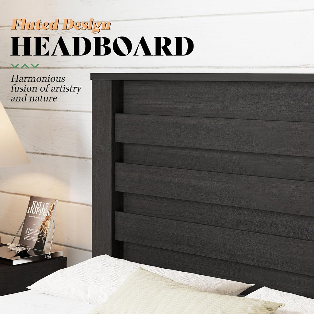 Farmhouse Queen Bed Frame with 49" Tall Headboard, Platform Bed with Natural Wood Grain, No Box Spring Needed/Noise