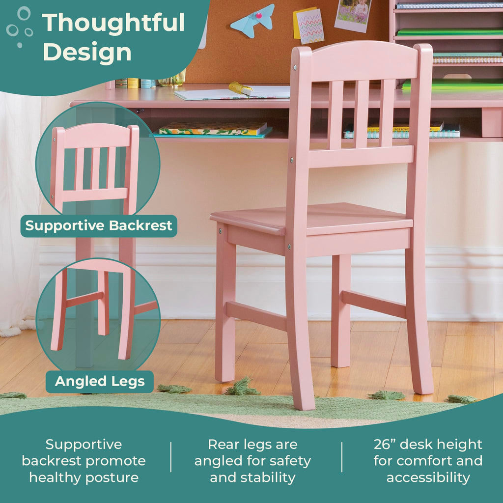 Children's Media Desk and Chair Set - Pink: Student's Study Computer Workstation with Hutch and Shelves, Wooden Kids