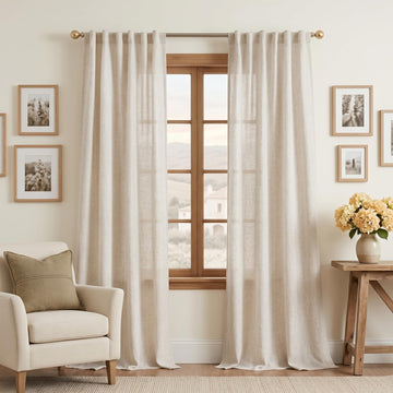 Linen Curtains 96 Inches Long, Semi Sheer Curtains & Drapes 2 Panels Set Natural Floor to Ceiling Curtain Farmhouse