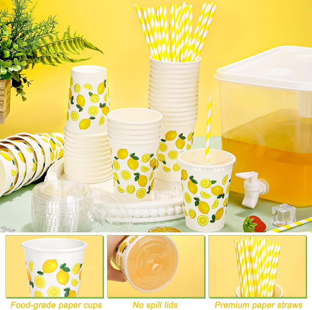 2.3 Gallon Lemonade Dispenser Plastic Drink Dispenser with Spigot 12 OZ Disposable Paper Cup with Lid - Set of 2