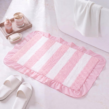 Pink and White Ruffled Bathroom Rug, Cute Striped Bath Mat, 24 x 16 Inch