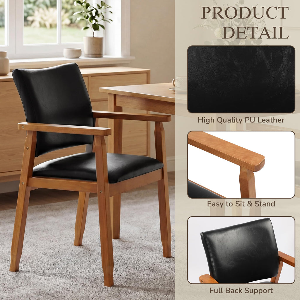 Mid-Century Modern PU Leather Dining Chair with Arms, Solid Wood Frame, 320 lbs Weight Capacity, Upholstered Accent