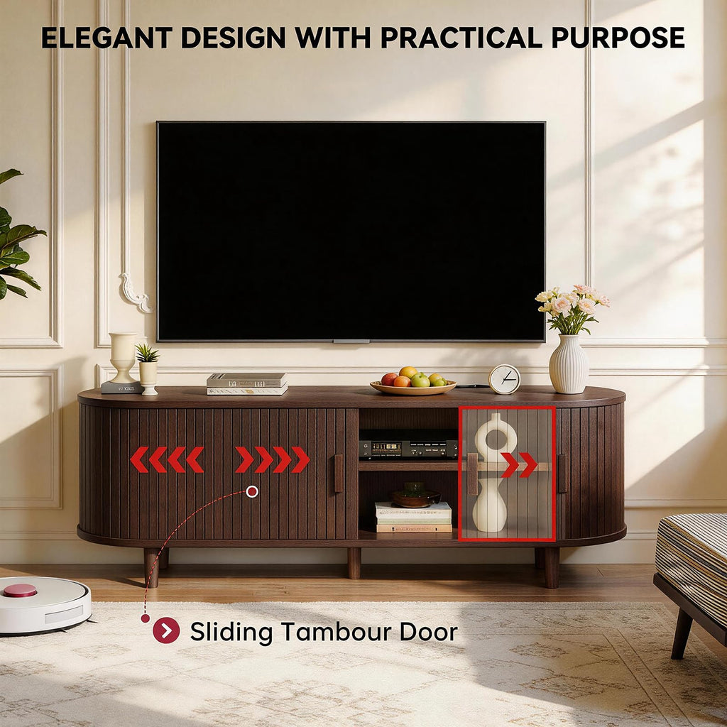 58" Mid Century Modern TV Stand with Power Outlet, Fluted Entertainment Center with Storage and Adjustable Shelves